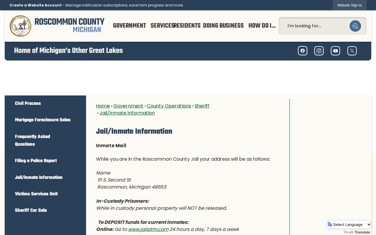 Roscommon County Jail inmate information for booking and current custody records